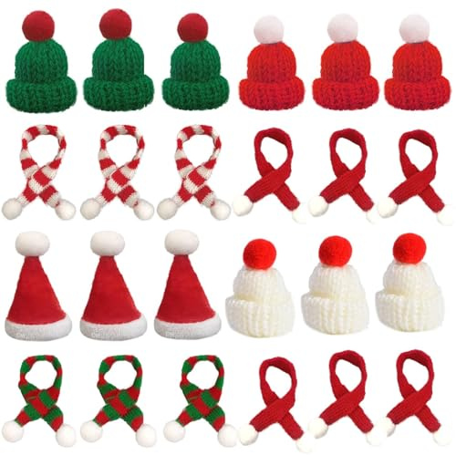 NVTRSD 24 Stück Mini Weihnachtsmütze und Schal Set mini strickmützen, weihnachtsdeko flaschen mini strickmützen zum basteln mini schal, weihnachten mütze für DIY Handwerk Basteln, Puppenhaus