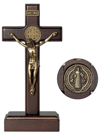 KUXBET Wood Standing Cross 5inch Small Crucifix- Jesus Christ Wall Hanging Cross Crucifix for Table or Wall Home Decoration