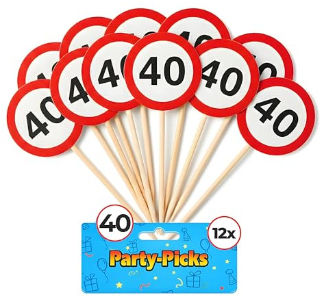 Tiwoca Deko zum 40. Geburtstag – 12 Stück rot-weiße Party-Picks mit Verkehrsschild-Optik Zahl 40 – Ausgefallene Geburtstagsdeko und lustige Geschenkideen für Männer und Frauen