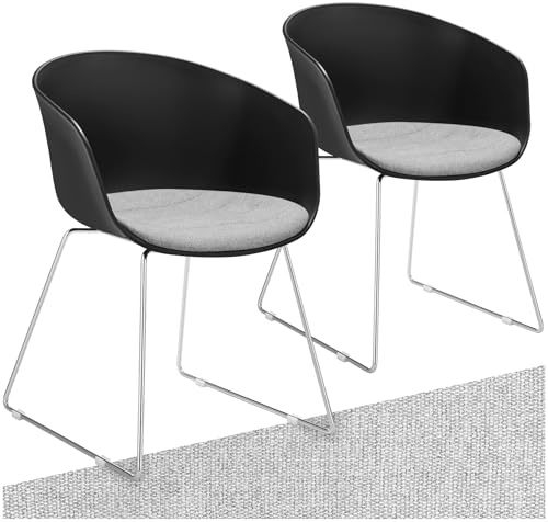 tectake® Kunststoff Armlehnstuhl, bequemer Esszimmerstuhl, Bürostuhl mit Sitzkissen, Chrom Stahlbeine, ergonomischer Stuhl, Esszimmerstühle, Küchenstuhl, Schalenstuhl, bis 120 kg belastbar - 2er Set