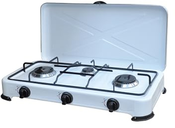 Hornillo de gas GLP KASART – Quemador potente y ligero de acero inoxidable, estructura esmaltada con patas antideslizantes, ideal para camping (3 fuegos)