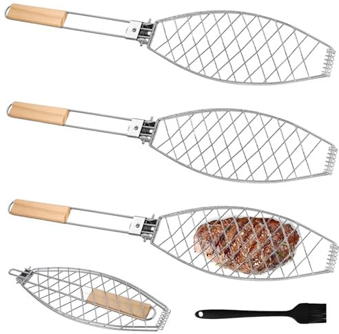 Set di 3 supporti per barbecue con manico in legno, 63 x 12 cm, grandi arrosti per pesce, con manico in metallo, paletta per pesce, per barbecue e barbecue