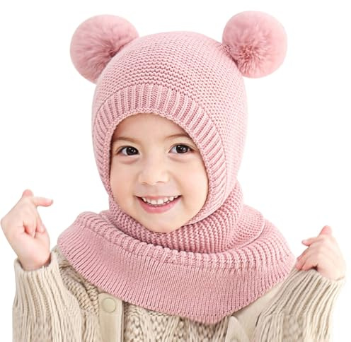 TAGVO Kids Winter Warm Fleece Balaclava, 3 in 1 Warm Hat Ski Mask Multifunctional Windproof Thermal Beanies Hood with Double Pom Pom Cap for Toddler Boys Girls 2-5 Years