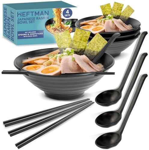 HEFTMAN Japanese Ramen Bowl Set of 4 (Black) 1000ml Ramen Bowls | Elegant, Dishwasher Safe Re-Usable Plastic Noodle Bowl Set for Soup, Salad, Rice, Pasta Dishes, Matching Spoons & Chopsticks