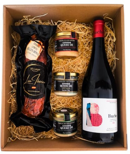 LUX IBÉRICO - Cesta Gourmet para Regalar Valventia – Caja de Productos Ibéricos – Lote con Vino, Lomito de Bellota y Cremas de Queso de Oveja - Regalo Original Premium