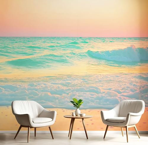 Tapete 3D Effekt Sonnenuntergang Strand mit Küste Landschaft Fototapete Wohnzimmer, 308x220cm (B×H) Seidenstoff Tapeten Wandtapete, Gold Pink Wand Dekoration Wohnzimmer Schlafzimmer Büro Flur