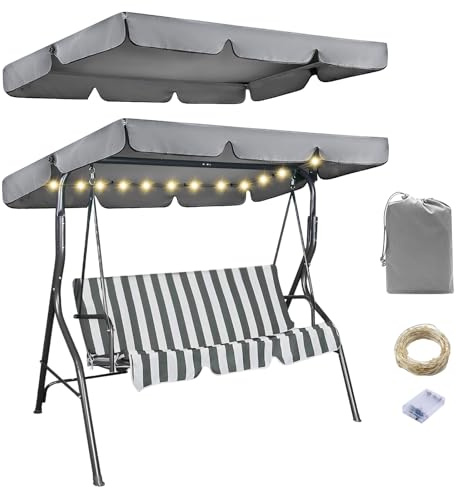 Garden Swing Canopy Replacement with LED Lighted, 2-3 Seater Garden Swing Seat Canopy Cover, 210D Oxford Anti-UV Waterproof Windproof Swing Chair Canopy Covers (Grey, 75×52×6 inch)