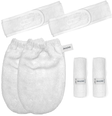 3-deligt Make-up Set – Hårband, Tvätthandske & Tvättlapp – 100% Bomull – För Ansiktsvård, Rengöring & Wellness | Vit, 2-delars set