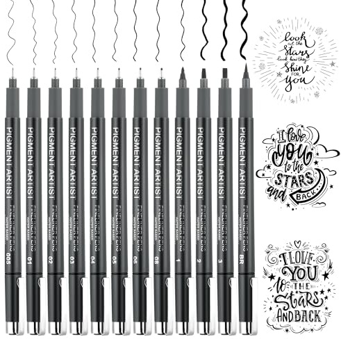 JIANTA 12 Piezas Bolígrafos de Punta Fina, Rotuladores Negro Lettering Rotuladores, Fineliner Bolígrafos, Bullet Journal Accesorios, Negro Pluma de Dibujo