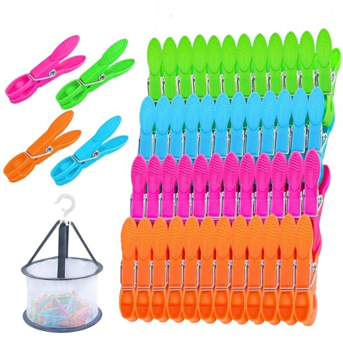 48er-Set Bunte Windfeste Wäscheklammern inkl. Korb –Wäscheklammern Plastik-Clip-Tasche Kunststoff Klammern ohne Abdruck für Wäscheleinen