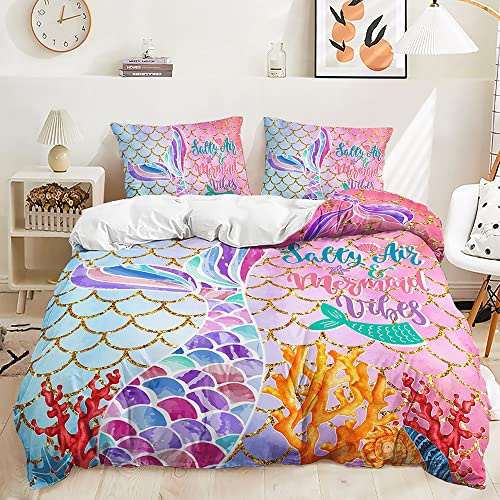 HAVOP Mermaid Tail Bedding Duvet Cover Set Double Size Girls Bedding Pink | 3D Mermaid Tail Print, Perfect For Girls Bedding, Soft Quilt Cover, All Season Bedding, Matched Pillowcases