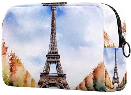 Beauty case da donna, con motivo a torre di Parigi con cielo blu acquerello, borsa da viaggio grande per trucchi e cosmetici, pratica borsa organizer con cerniera