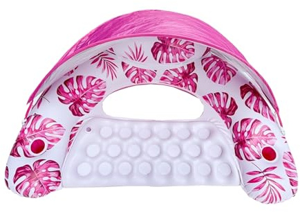 Sunshade Pool Floating Bed Mit Palmen-Design | Aufblasbare Lounge Für Erwachsene (Größe PVC | Getränkehalter & Smartphone-Fach | Stabile Wasserliege Für Sommer, & Poolpartys