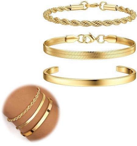 OUDQFCJ 3 pièces Bracelets pour Femme,Réglables et Étanches,Plaqué Or 14 Carats,Empilables Figaro Chaîne Perles à Maillons,Bijoux Jonc Acier Inoxydable,Ensemble Bijoux Femme et Bracelet Doré (Or)