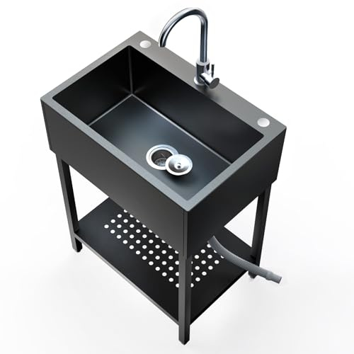 26 Freestanding Stainless Steel Utility Sink, Single Bowl Kitchen Sinks w/Storage Shelve, Black Heavy Duty Sinks with Cold & Hot Water Pipe for Commercial Laundry Room Farmhouse, 12-Gallon Basin