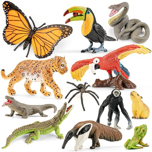 THINKBAY 12PCS Realistic Rainforest Animal Figurines Toys, Rainforest Diorama Supplies Party Favor, Jungle Animals Figures Toys Learning Toys for Toddlers Boys Girls, Valentine's Day Gifts for Kids