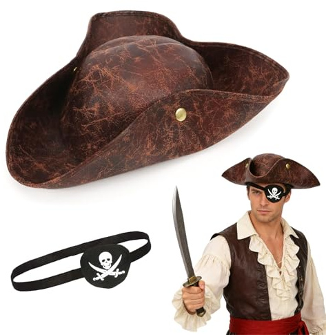 Meleager Piratenhut,Piraten dreispitz hut,Piratenhut braun Leder Piraten-Augenklappe,Pirate accessories für Karneval,Halloween,Kostümpartys,Piratenpartys