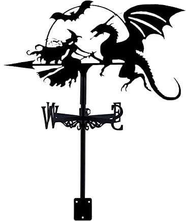 SYFOAR Veleta de Metal, Bruja mágica y pterodáctilo, Veleta con Montaje en Techo, indicador de dirección del Viento, Decoraciones para jardín, Exterior, Granja