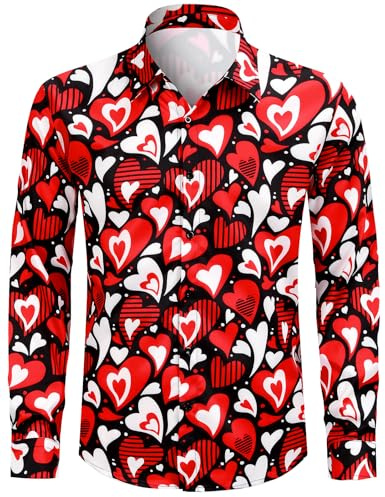 COSAVOROCK Valentines Shirt Men Love Heart Botton Long Sleeves Shirts, Heart, XXL