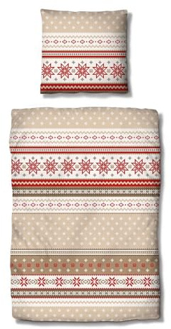 Traumschlaf Biber Bettwäsche Schneeflocken rot – warme & kuschelig weiche Winterbettwäsche aus 100% Baumwolle – wärmend, hautsympathisch & im weihnachtlichen Design – 135x200 cm + 80x80 cm