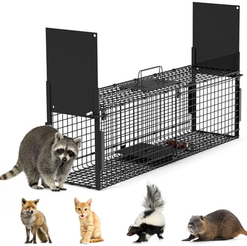 40'' Double Door Live Animal Cage Trap, Collapsible Galvanized Iron Humane Catch Release Animal Catcher Cage for Raccoons Armadillos Foxes Opossums Muskrats Beavers Under 18LBS