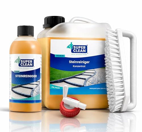 SUPER CLEAN Kit de nettoyage pour pierre 2000 ml + 500 ml + brosse à anse + robinet d'écoulement - Pour terrasse, béton, pierre naturelle et pavés - Élimine la saleté et les dépôts causés par les