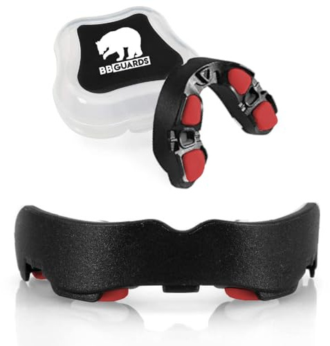 BBGuards Protector Bucal Boxeo, Rugby, Hockey, Kick Boxing. Protección Dental Adultos para Hombre y Mujer. Protecciones Bocales para Dientes Muay Thai, Futbol, Karate, Taekwondo, MMA (Rojo-Blanco)