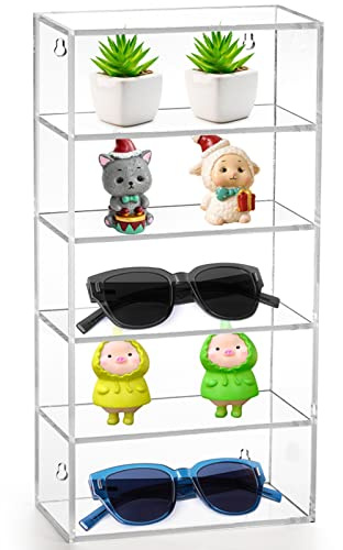Lyellfe 5 Tier Acrylic Sunglass Organizer, Eyeglass Miniature Display Case Wall Mount, Free Standing Figurine Organizer Shlf Rack for Collectibles, Gemstone, Rocks, Showcase