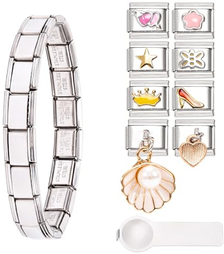Italian Charms Bracelet, 8 zusätzlich Italian Charms mit Öffnungswerkzeugen,9mm Abnehmbar Module für Italienische Armbänder, Edelstahl Italian Charm Bracelet Charms, Italian Style Charms für Damen