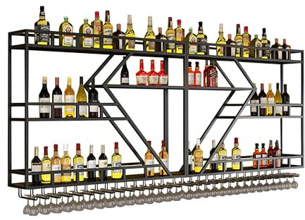 Weinregal Wand Metall Flaschenregal Schmal mit Licht Wine Rack Bar Regal Wand Weinschrank Hausbar Barschrank mit Weinglashalter Getränke Regal für Bartheke Wohnzimmer Küche Esszimmer(Black-blue light,