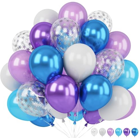 Blue Purple Snowflake Balloons Set, 12 Inch Metallic Blue Purple Balloon Snowflake Confetti Latex Balloons Metallic Silver Girls Birthday Party Decoration for Children Winter Birthday Party Supplies