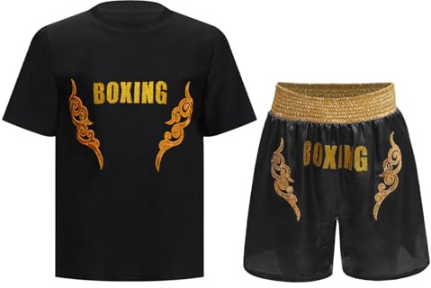 Oyolan Barn pojke boxning shorts och T-shirt boxningsset kampboxningsset Muay Thai MMA sparkar boxning outfit, B guld svart, 9-10 ans