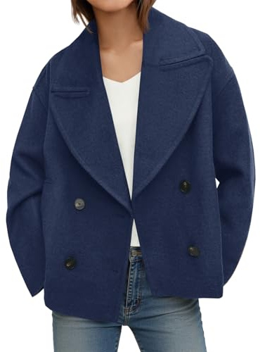Tankaneo Cappotto corto da donna in misto lana casual a maniche lunghe doppiopetto con risvolto dentellato giacche, Navy, Small