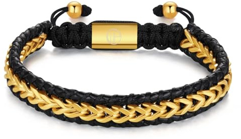 WP WEPICK Mens Bracelet Leather 18K Gold Plated Braided Cuff Adjustable