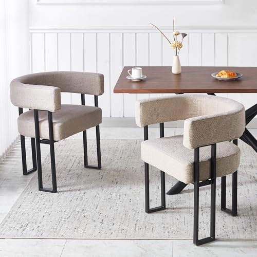stone princess 2er Set Esszimmerstühle mit Armlehnen: Gepolsterte Bouclé Stühle mit Schwarzen Metallbeinen - Moderner Küchenstuhl für Esszimmer Wohnzimmer Schlafzimmer (Khaki, 2er)