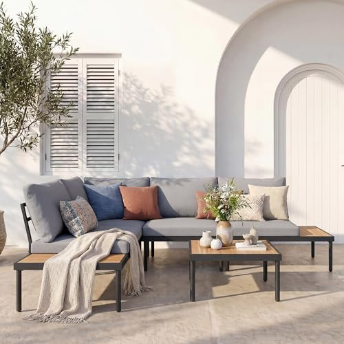 KamerOut 6-TLG. Gartenmöbel-Set, L-förmiges Garten-Sofa mit Couchtisch, metallenes Sitzgruppen-Set mit verdickten Kissen für Poolbereich, Terrasse und Garten, Beige