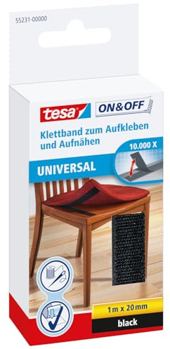 tesa On & Off Klettband zum Aufkleben und Aufnähen UNIVERSAL - Schwarz | Vielseitiges Klettverschlussband zur Befestigung von Textilien auf harten Oberflächen, dreifacher Halt - 2 cm x 100 cm