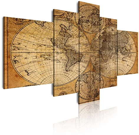 DekoArte 67 - Cuadros Modernos Impresión de Imagen Artística Digitalizada | Lienzo Decorativo Para Tu Salón o Dormitorio | Estilo Mapamundi Mapa del Mundo Antiguo | 5 Piezas 180x85cm XXL