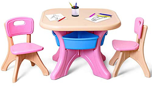 Costzon Kids Table and Chairs, 3 PCS Activity Desk Set w/ 4 Detachable Storage Bins for Indoor Outdoor Play Art Crafts Picnic Patio, Lightweight Toddler Table and Chair Set (Pink & Blue)
