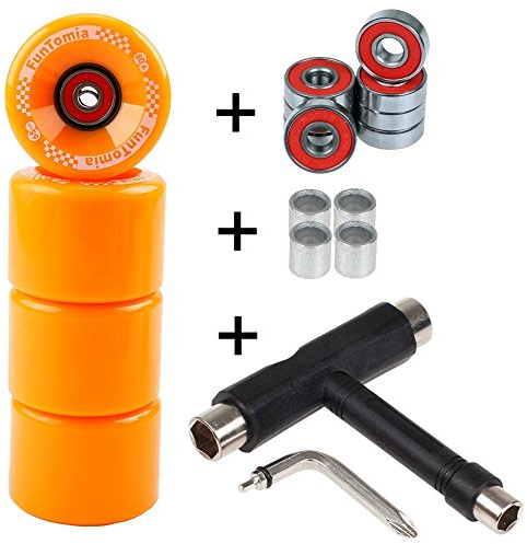 FunTomia 4 Stück Longboard/Skateboard/Mini-Board Rollen (Big Wheels) in 65x45mm 80A inkl. ABEC-9 Kugellager und Metall Spacer 80A Rollenhärte + T-Tool (orange)