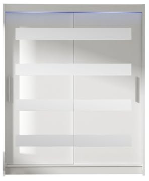Mirjan24 Westa XIII Armoire à portes coulissantes avec miroir, largeur : 150 cm, penderie avec tringle à vêtements et étagère, armoire vestiaire (blanc + miroir, avec éclairage LED RVB)