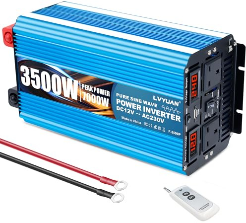 LVYUAN Inverter Pure Sine Wave Power Inverter 3500W /7000W DC 12V to AC 230V/240V converter with wireless remote controller & dual AC outlets & USB for RV Truck Car