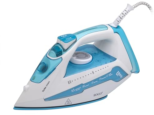 Sogo Plancha Profesional de Cerámica 2800W TurboSteam - Potente Plancha a Vapor - Golpe de Vapor 60g/min, Autolimpieza, Anti-Cal, Anti-Goteo y Termostato Regulable color Azul (SS-6330-B)