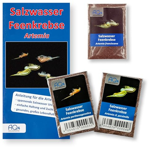 Artemia 3-Arten-Set Salzwasser-Feenkrebse, Urzeitkrebs-Eier, Salinenkrebse | Zuchtansätze mit je ca. 1.000.000 Eier von A. franciscana, A. parthenogenetica und A. cf. persimilis, mit Anleitung