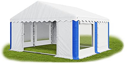 Das Company Partyzelt 3x4m Lagerzelt Universalzelt Pavillon mit Moskitonetz weiß-blau mit Bodenrahmen Pavillon Zelt 240g/m² PE Plane wasserdicht Gartenzelt Summer Floor IPEM
