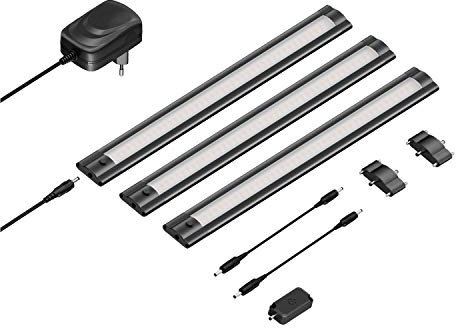 ledscom.de Set di 3 luci LED sotto il mobile SIRIS nero opaco con dimmer touch, piatto, 30cm ciascuno, 368lm ciascuno, bianco caldo