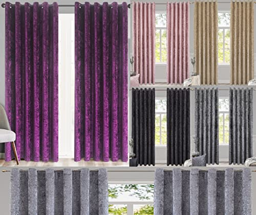 ROOEE Luxury Crushed Velvet Curtains PAIR Fully Lined Eyelet Ring Top For Bedroom, Living Room, Kitchen, Office (Purple, 46 Wide x 54 Drop)