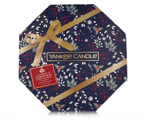 Yankee Candle Corona de calendario de adviento, Juego de velas perfumadas de Navidad, 24 luces de té y 1 candelabro de cristal, Cuenta atrás para la colección de Navidad (1631477E)