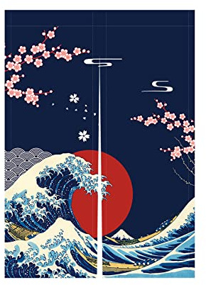LIGICKY Japanischer Stil Dick Noren Lang Vorhänge Kirschblüten und Kanagawa-Wellen Türvorhang Raumteiler Tapisserie für die Heimtextilien Raumteiler 85 x 120 cm Blau