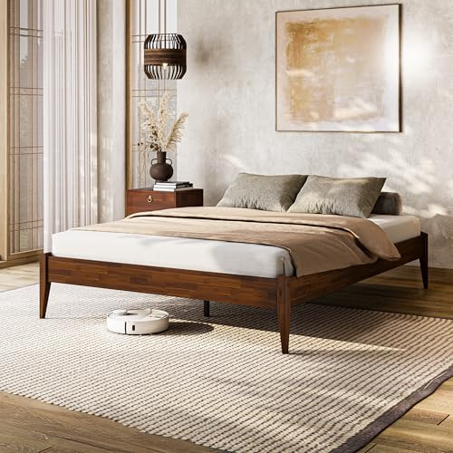 Bme Dinkee 15-Inch Solid Wood Queen Platform Bed Frame - Japanese Joinery, Minimalist Style - Wood Slats, Easy Assembly, No Box Spring Needed - Chocolate